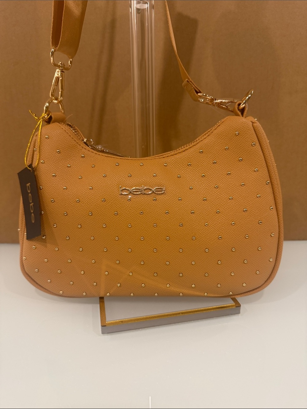 bebe Mustard-Tan Studded Shoulder Bag